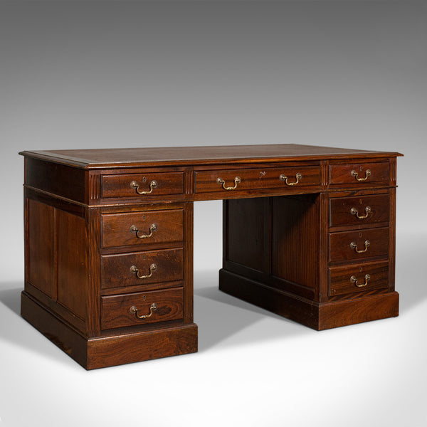 Antique Partners Desk, English, Mahogany, Leather, Writing Table, Edwardian