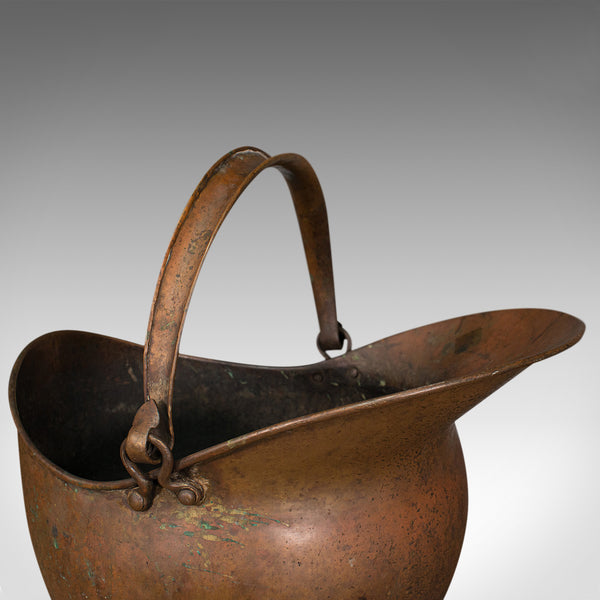 Antique Helmet Scuttle, English, Copper, Coal Basket, Fireplace, Victorian, 1880