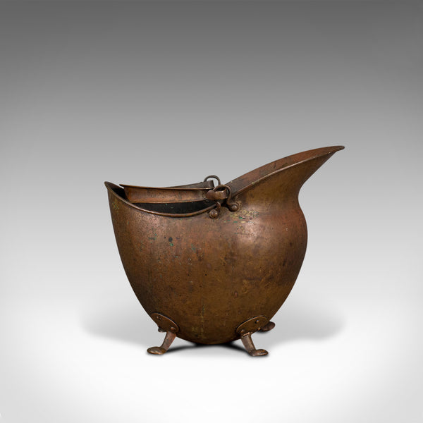 Antique Helmet Scuttle, English, Copper, Coal Basket, Fireplace, Victorian, 1880