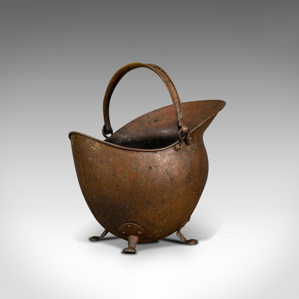Antique Helmet Scuttle, English, Copper, Coal Basket, Fireplace, Victorian, 1880