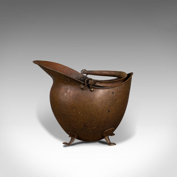 Antique Helmet Scuttle, English, Copper, Coal Basket, Fireplace, Victorian, 1880