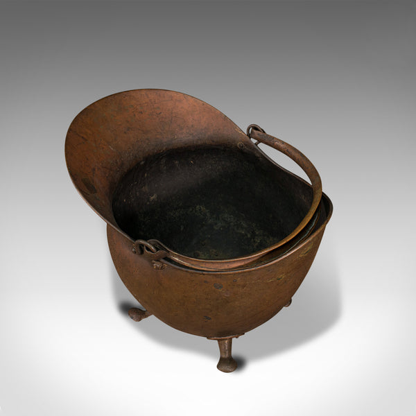 Antique Helmet Scuttle, English, Copper, Coal Basket, Fireplace, Victorian, 1880