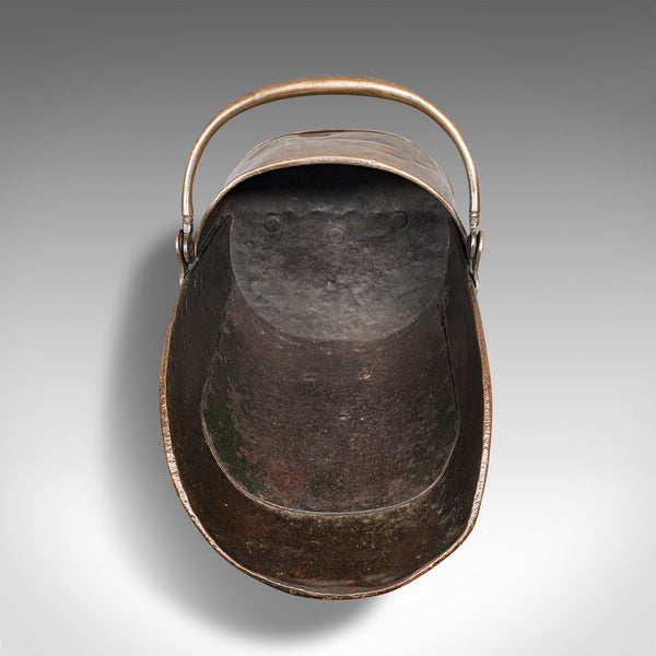 Antique Helmet Fire Basket, Copper, Coal Scuttle, Fireside, Bin, Victorian, 1880
