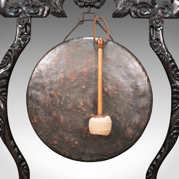 Antique Dinner Gong, Oriental, Ebonised Teak Stand, Chinoiserie, Victorian, 1880
