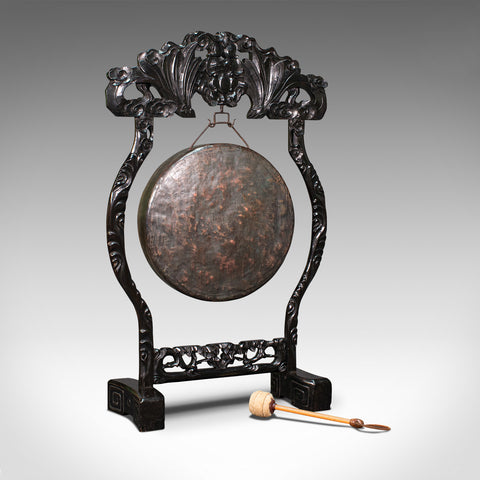 Antique Dinner Gong, Oriental, Ebonised Teak Stand, Chinoiserie, Victorian, 1880