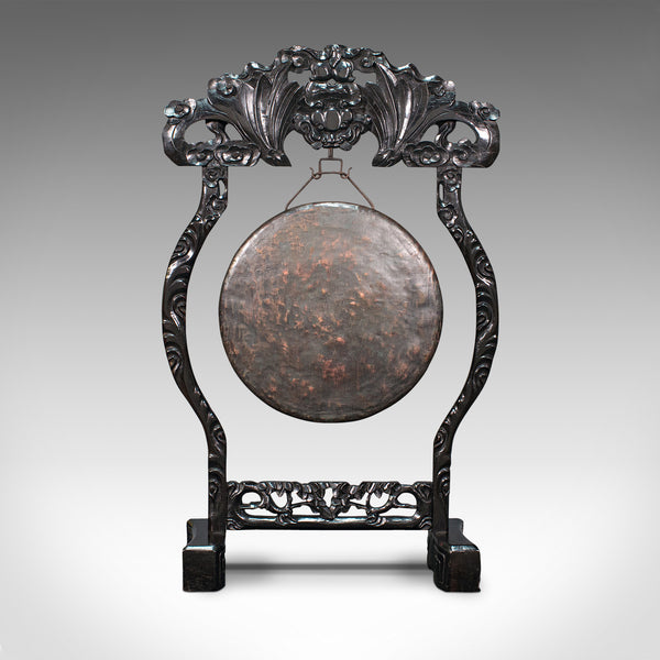 Antique Dinner Gong, Oriental, Ebonised Teak Stand, Chinoiserie, Victorian, 1880