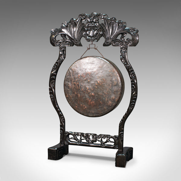 Antique Dinner Gong, Oriental, Ebonised Teak Stand, Chinoiserie, Victorian, 1880