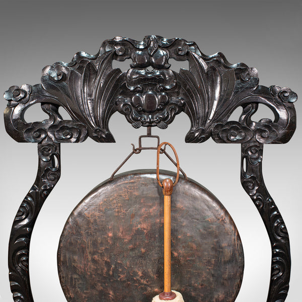 Antique Dinner Gong, Oriental, Ebonised Teak Stand, Chinoiserie, Victorian, 1880