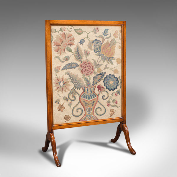 Antique Embroidered Fire Screen, Walnut, Needlepoint Tapestry, Victorian, 1900