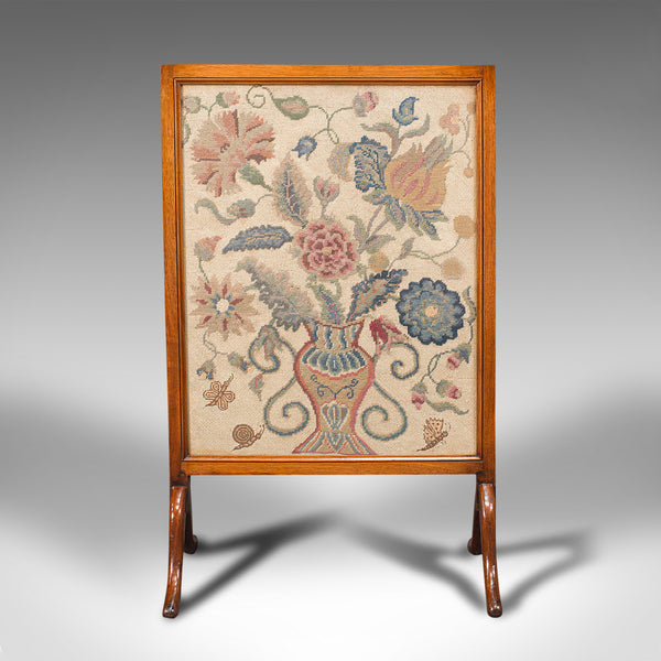 Antique Embroidered Fire Screen, Walnut, Needlepoint Tapestry, Victorian, 1900