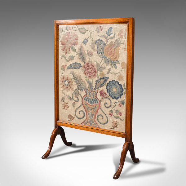 Antique Embroidered Fire Screen, Walnut, Needlepoint Tapestry, Victorian, 1900