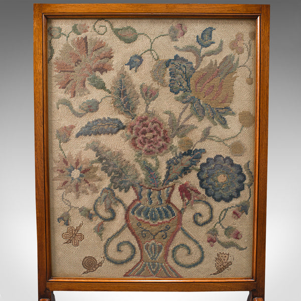 Antique Embroidered Fire Screen, Walnut, Needlepoint Tapestry, Victorian, 1900