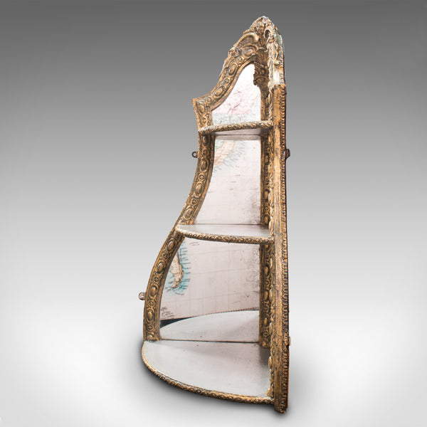 Antique Mirrored Corner Shelf, English, Gilt Gesso, Decorative Display, Regency
