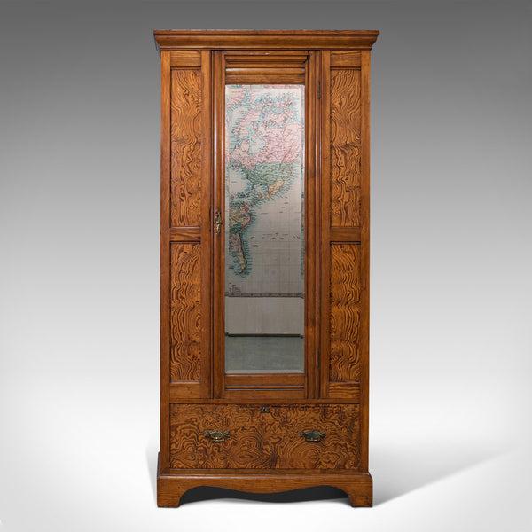 Antique Wardrobe, English, Pitch Pine, Closet, Dressing Mirror, Victorian, 1900