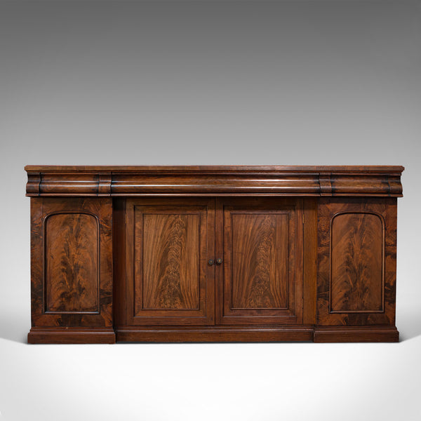 Large Antique Breakfront Sideboard, English, Mahogany, Flame, Cabinet, Victorian