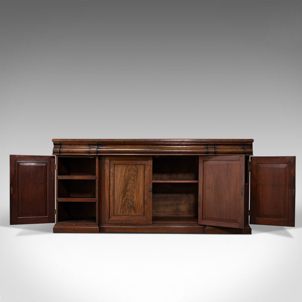 Large Antique Breakfront Sideboard, English, Mahogany, Flame, Cabinet, Victorian