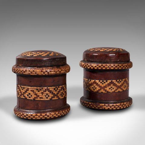 Pair Of, Vintage Decorated Tobacco Tins, English, Leather, Canister, Circa 1940