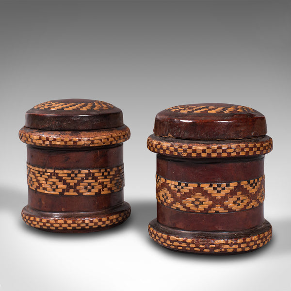 Pair Of, Vintage Decorated Tobacco Tins, English, Leather, Canister, Circa 1940