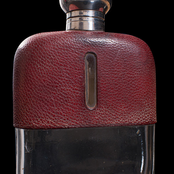 Antique Hip Flask, English, Leather, Glass, Silver Plate, Celebration Gift, 1920