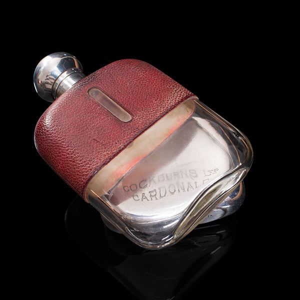 Antique Hip Flask, English, Leather, Glass, Silver Plate, Celebration Gift, 1920