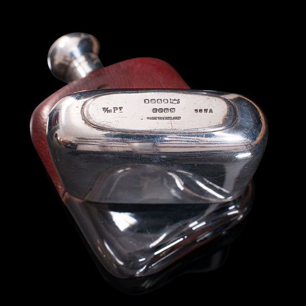 Antique Hip Flask, English, Leather, Glass, Silver Plate, Celebration Gift, 1920