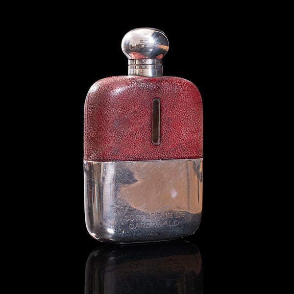 Antique Hip Flask, English, Leather, Glass, Silver Plate, Celebration Gift, 1920