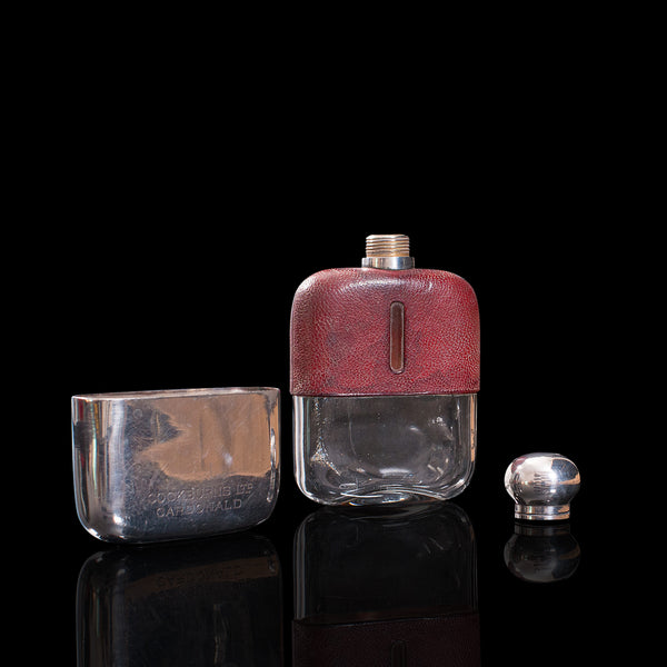 Antique Hip Flask, English, Leather, Glass, Silver Plate, Celebration Gift, 1920