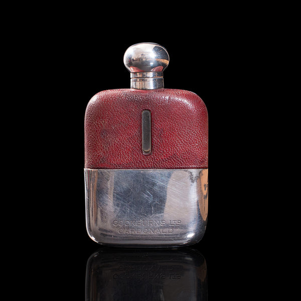 Antique Hip Flask, English, Leather, Glass, Silver Plate, Celebration Gift, 1920