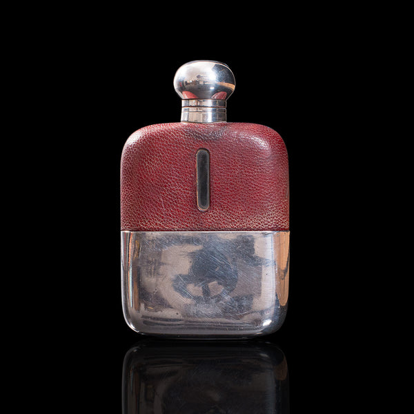 Antique Hip Flask, English, Leather, Glass, Silver Plate, Celebration Gift, 1920