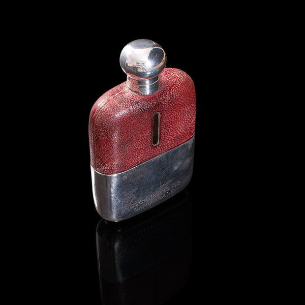 Antique Hip Flask, English, Leather, Glass, Silver Plate, Celebration Gift, 1920