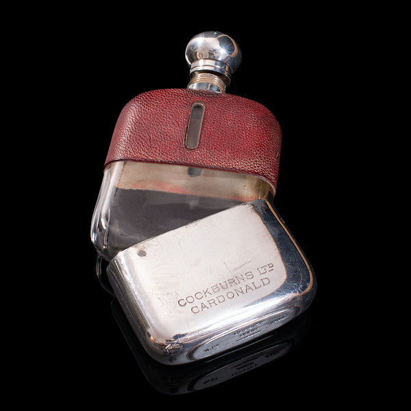 Antique Hip Flask, English, Leather, Glass, Silver Plate, Celebration Gift, 1920