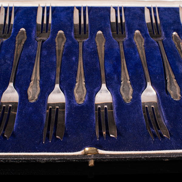 Vintage Set Of 12 Cake Forks, English, Silver, Afternoon Tea, Cutlery, Art Deco