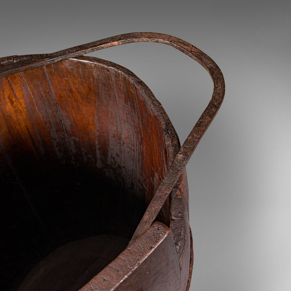 Antique Well Bucket, English, Fruitwood, Wrought Iron, Fireside Bin, Georgian