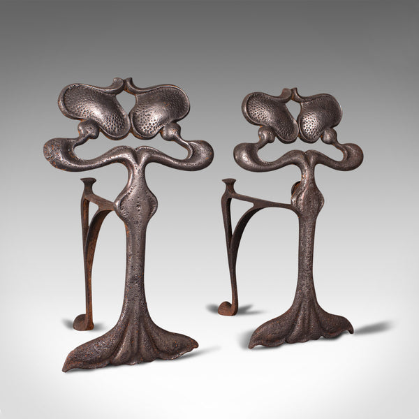 Pair Of Antique Andirons, French, Iron, Fire Dogs, Tool Rest, Art Nouveau, 1900