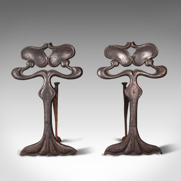 Pair Of Antique Andirons, French, Iron, Fire Dogs, Tool Rest, Art Nouveau, 1900