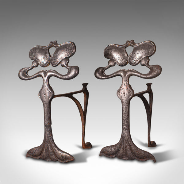 Pair Of Antique Andirons, French, Iron, Fire Dogs, Tool Rest, Art Nouveau, 1900