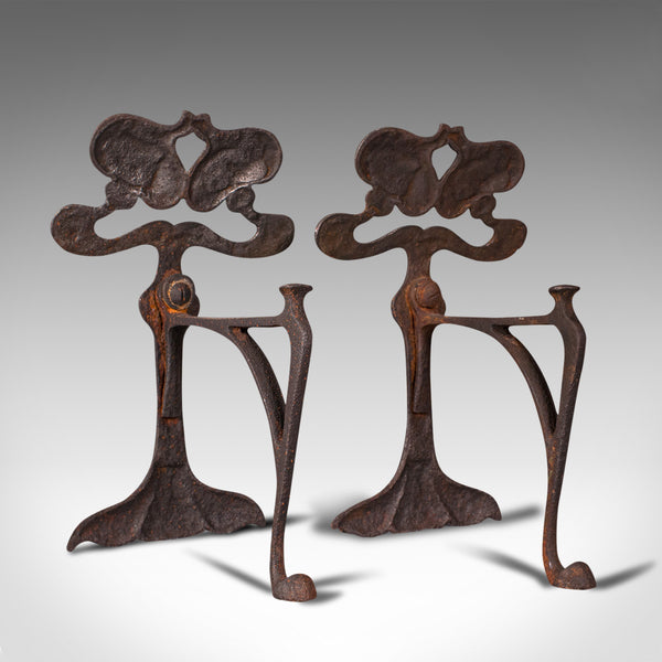 Pair Of Antique Andirons, French, Iron, Fire Dogs, Tool Rest, Art Nouveau, 1900
