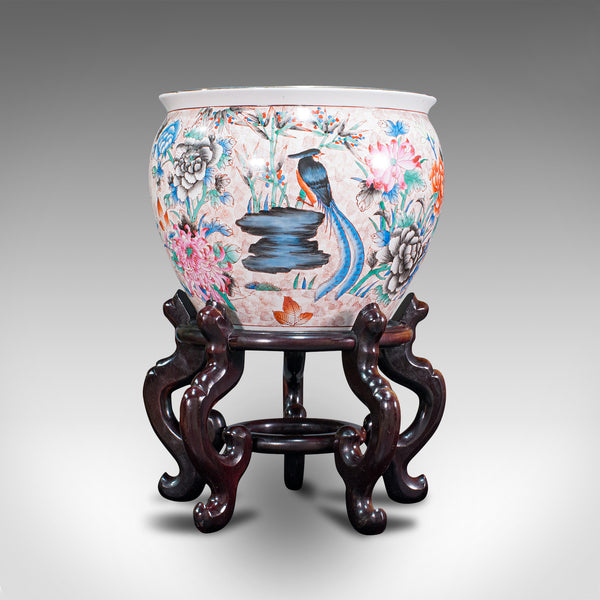 Vintage Decorative Fish Bowl, Chinese, Ceramic, Rosewood, Jardiniere, Art Deco