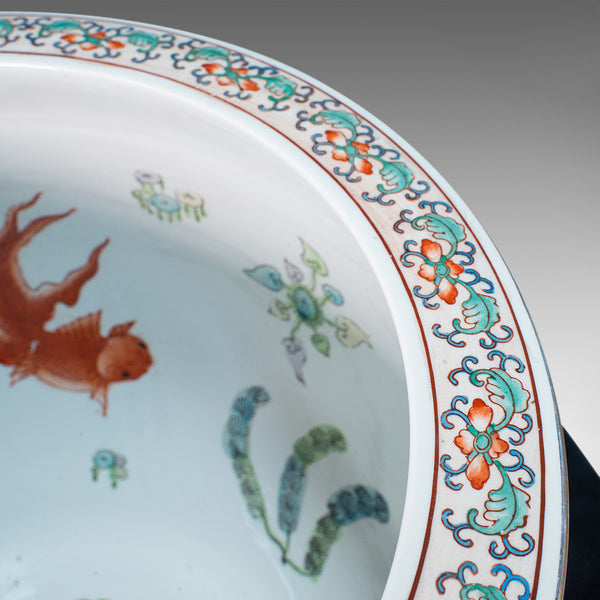 Vintage Decorative Fish Bowl, Chinese, Ceramic, Rosewood, Jardiniere, Art Deco