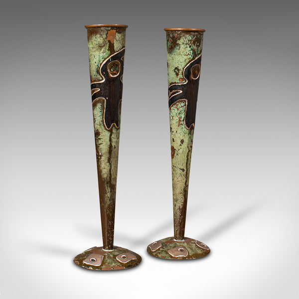 Pair Of Antique Flute Vases, French, Copper, Posy, Art Nouveau Taste, Circa 1920