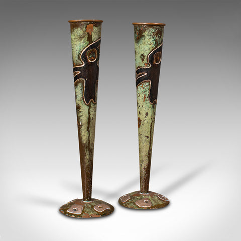 Pair Of Antique Flute Vases, French, Copper, Posy, Art Nouveau Taste, Circa 1920