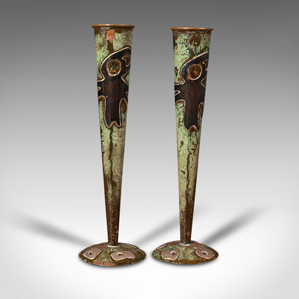 Pair Of Antique Flute Vases, French, Copper, Posy, Art Nouveau Taste, Circa 1920