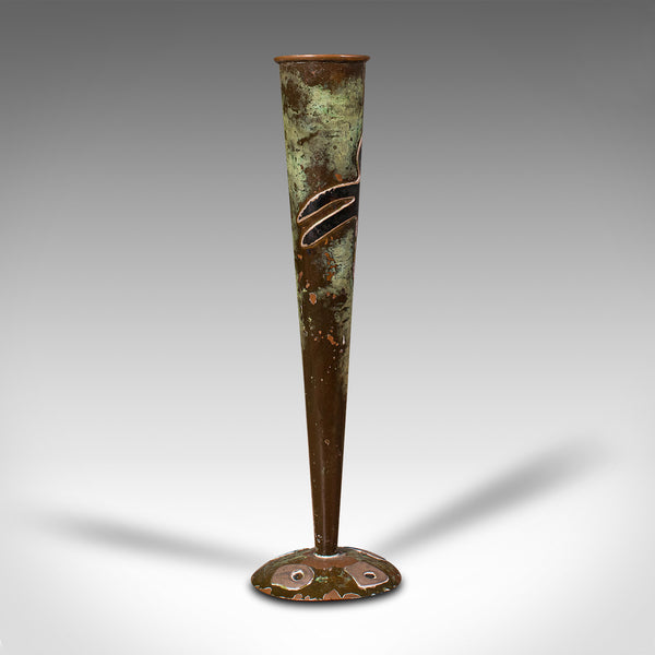 Pair Of Antique Flute Vases, French, Copper, Posy, Art Nouveau Taste, Circa 1920