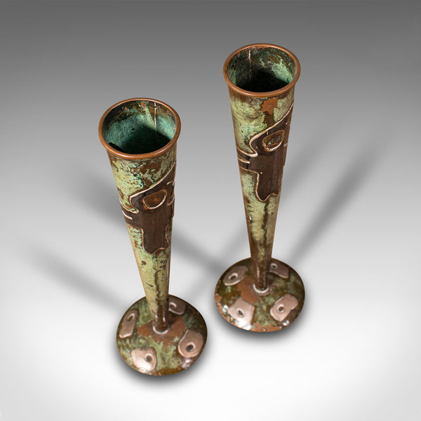 Pair Of Antique Flute Vases, French, Copper, Posy, Art Nouveau Taste, Circa 1920