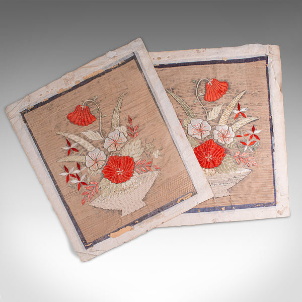 Pair Of Antique Decorative Panels, Chinese, Embroidered Silk, Victorian, C.1880