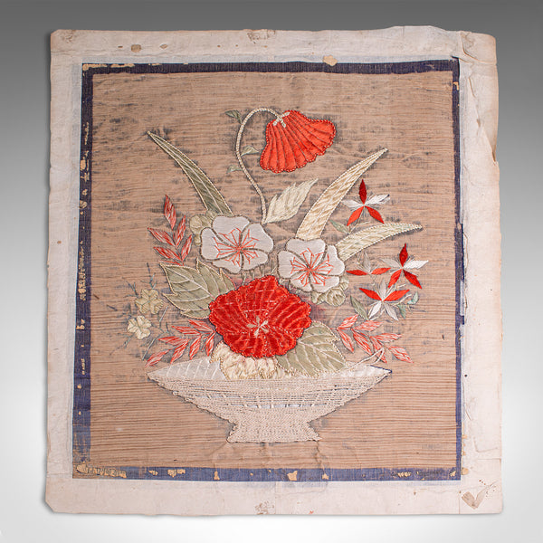 Pair Of Antique Decorative Panels, Chinese, Embroidered Silk, Victorian, C.1880