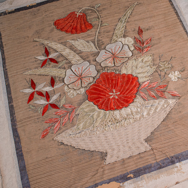 Pair Of Antique Decorative Panels, Chinese, Embroidered Silk, Victorian, C.1880