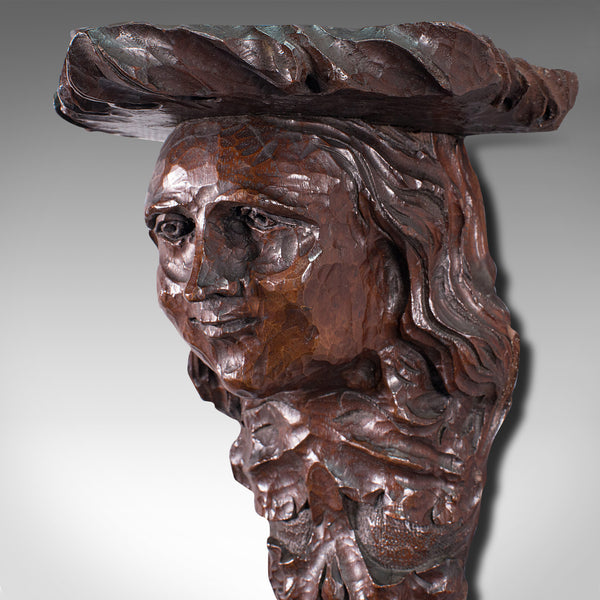 Antique Decorative Sconce, American, Carved Oak, Figure, Candle Bracket, C.1800