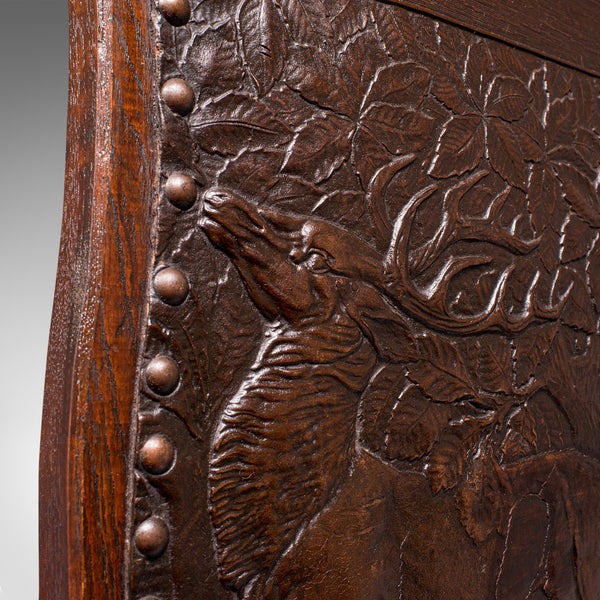 Antique Embossed Fire Screen, Oak, Leather, Fireside, Arts And Crafts, Edwardian