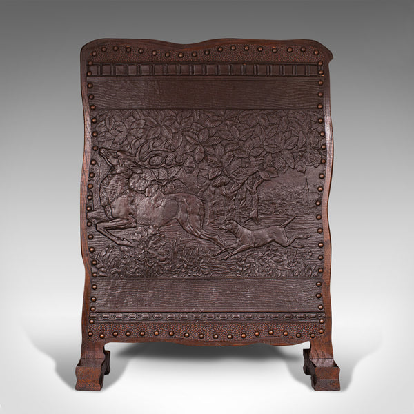 Antique Embossed Fire Screen, Oak, Leather, Fireside, Arts And Crafts, Edwardian